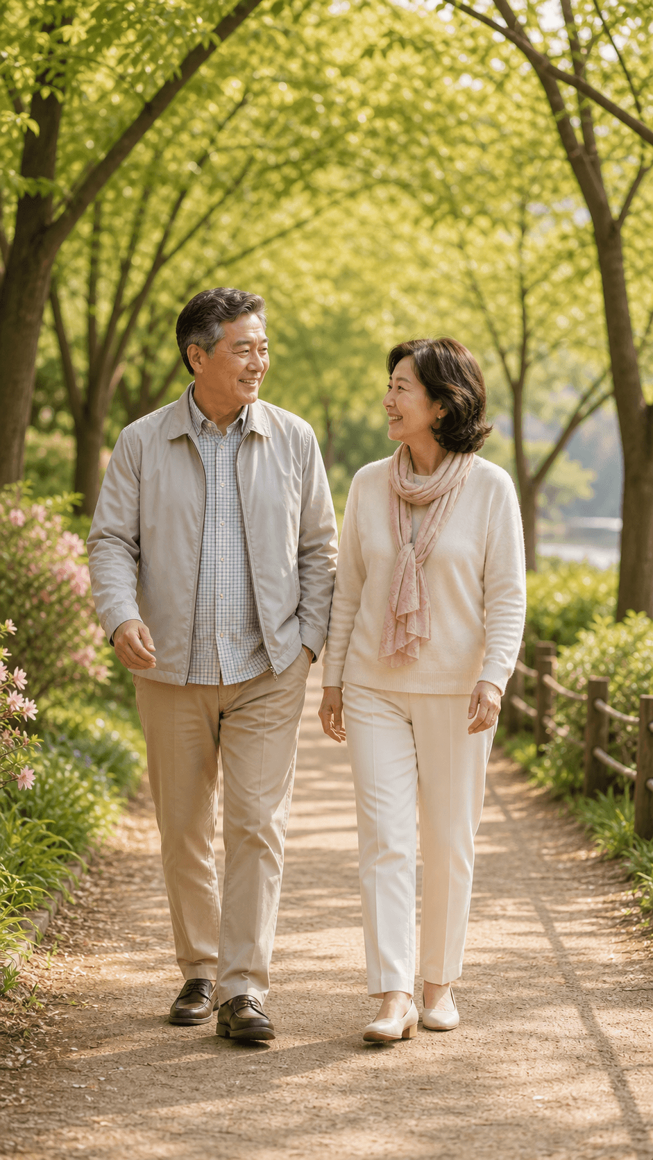 공원 산책로를 함께 걷는 50~60대 중장년 동반자