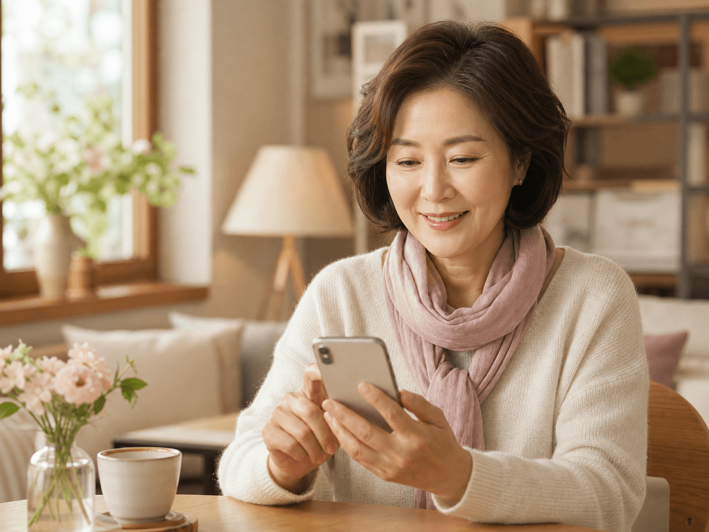 중장년 사용자가 스마트폰을 보며 안심하는 모습